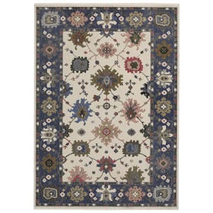 Hunter Ivory/Blue 10 ft. x 13 ft. Persian Floral Polyester Fringe-Edge Indoor Area Rug