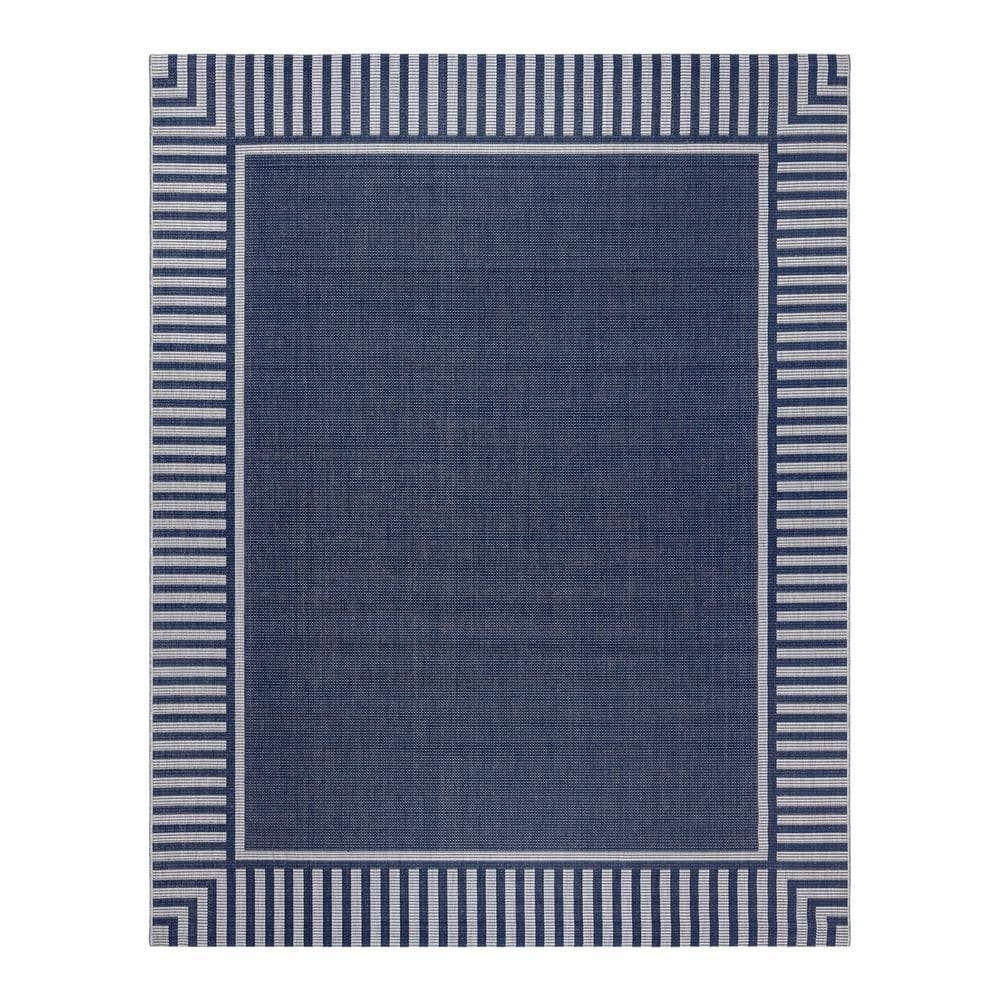 Navy and Gray Striped Polypropylene Indoor Outdoor Area Rug 9x13