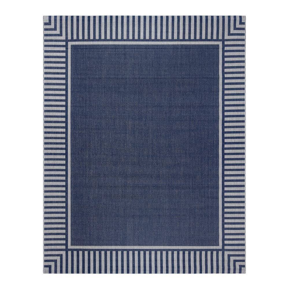 Navy and Gray Striped Polypropylene Indoor Outdoor Area Rug 9x13