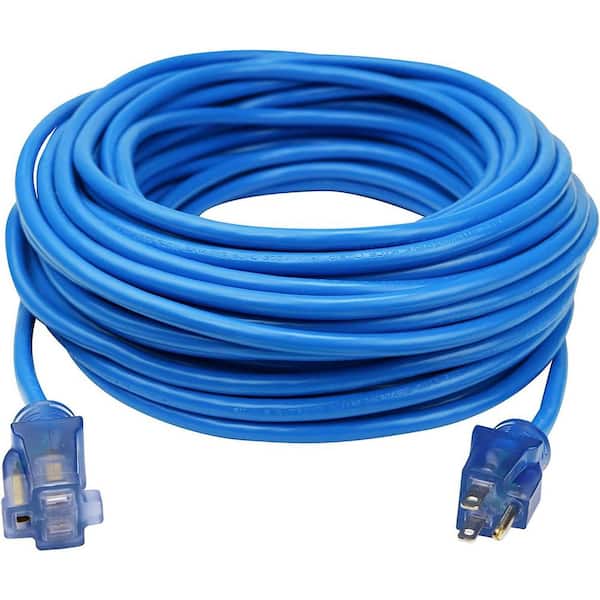100 ft. 16/3 1 SJTW Extreme Cold Weather Outdoor Extension Cord with Lighted End, Power Indicator Light, Blue