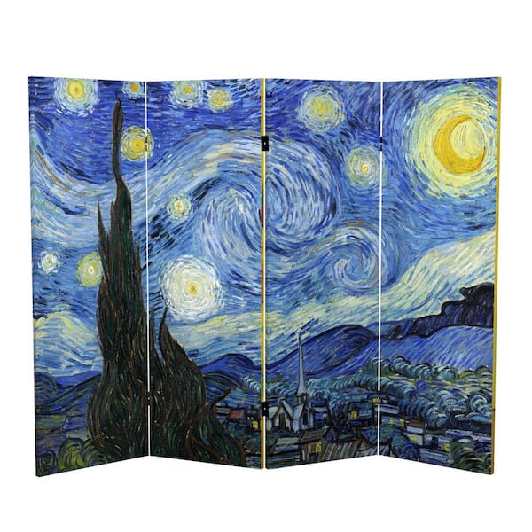 RED LANTERN 4 ft. Short Works of Van Gogh Canvas 4-Panel Folding Screen