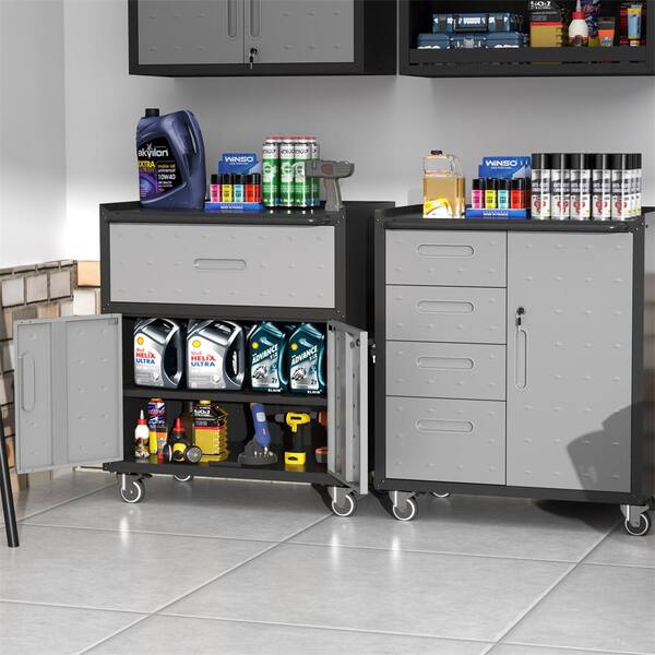 Kahomvis Gray and Black 35 in. H Metal Office Storage Cabinet Steel Mobile Tool Storage Cabinet with Wheels