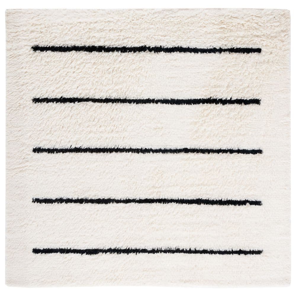 Hand-Knotted Black and Ivory Stripe Wool Square Rug - 7'
