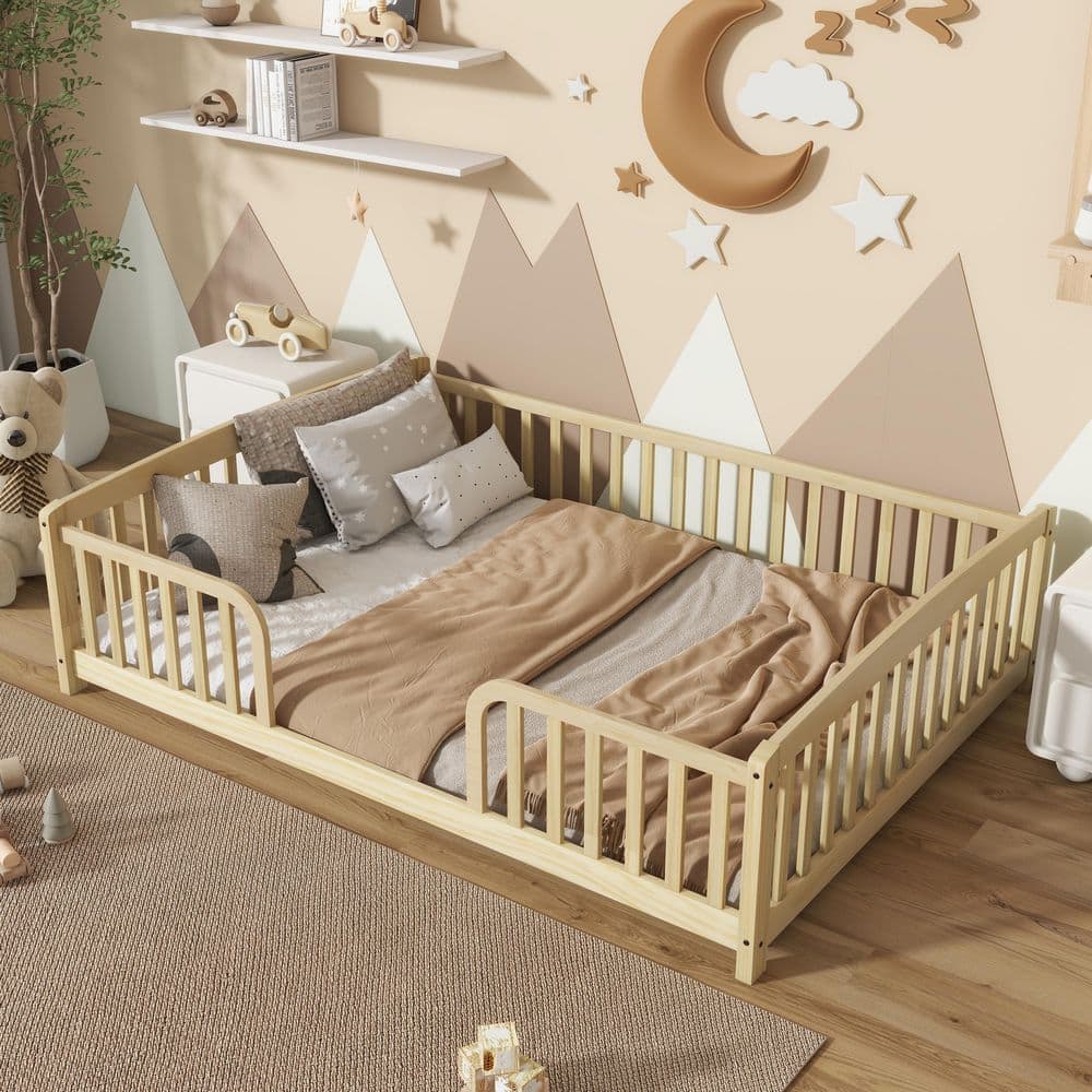 Harper & Bright Designs Natural Full Size Pine Wood Floor Bed with ...