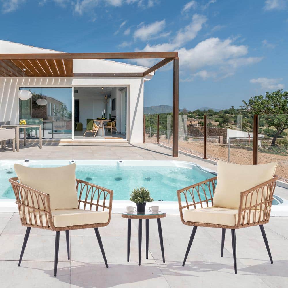 3-Piece Wicker Outdoor Bistro Set All-Weather Patio Furniture Set with Tabl