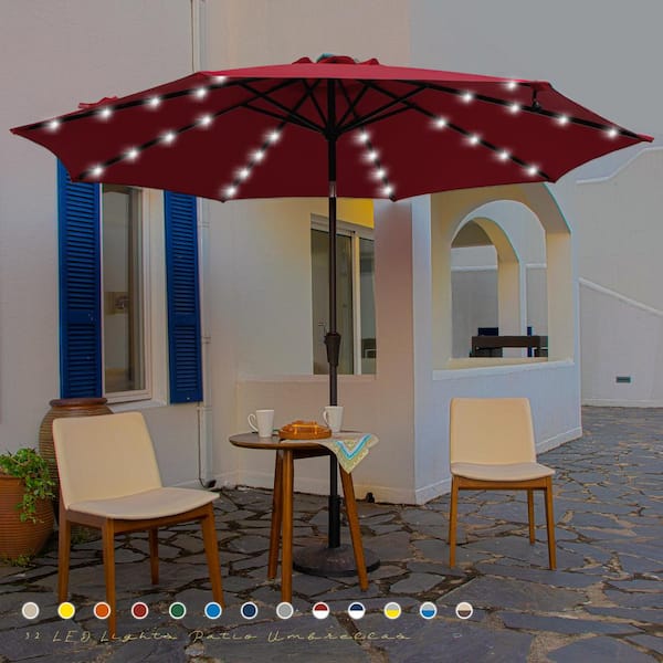JEAREY 10 ft. Steel Lighted Market Tilt Solar Umbrella With Crank in Red