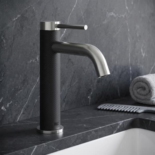 Madison Single Handle Single-Hole Bathroom Faucet in Brushed Nickel and Carbon Fiber