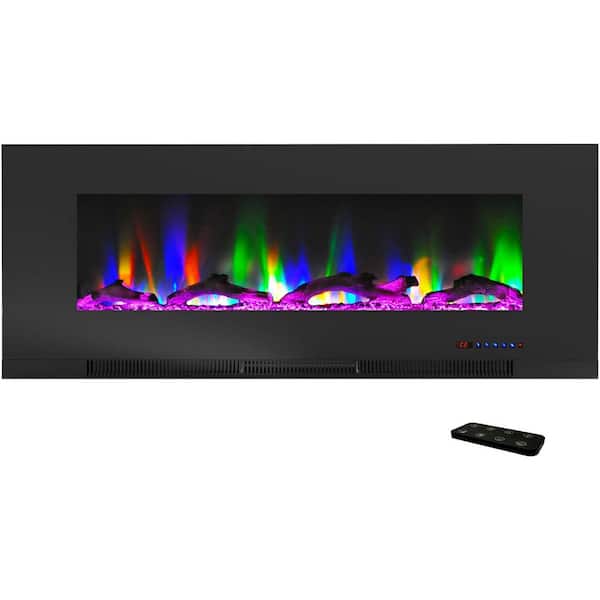 50 in. Wall Mount Electric Fireplace Heater with Remote in Multicolor Flames in and Driftwood Log Display in Black