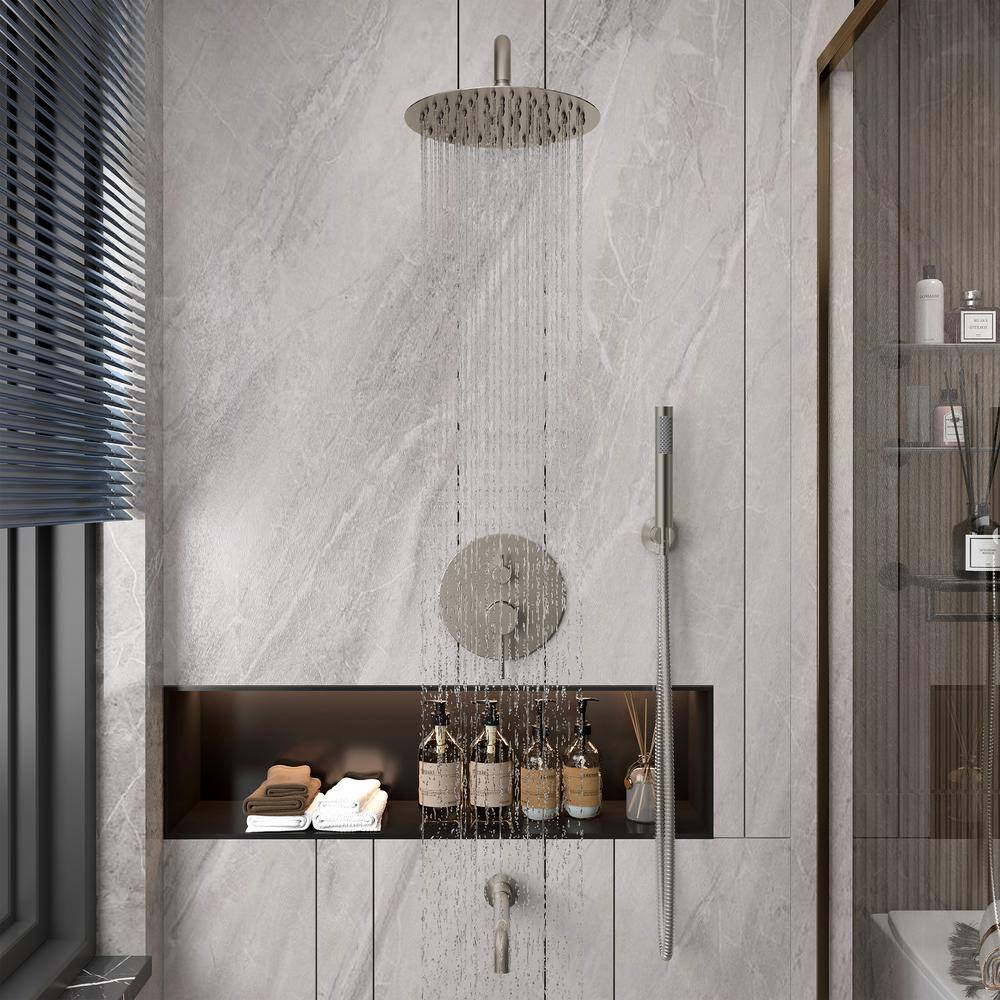 Brushed Nickel Large Round Rain Shower System with Handheld