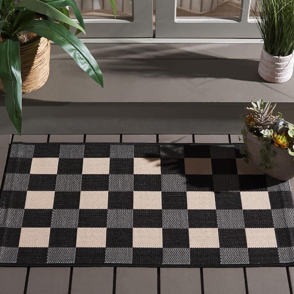 Courtyard Black/Beige 3 ft. x 3 ft. Plaid Grid Indoor/Outdoor Square Area Rug