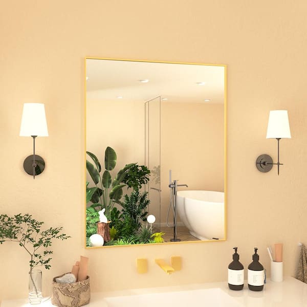 24 in. W x 30 in. H Rectangular Framed Wall Bathroom Vanity Mirror in Brushed Gold