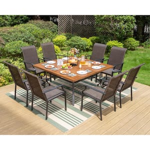 9-Piece Metal Patio Outdoor Dining Set with Brwon Square Slat Table and Brown Rattan High Back Wave Arm Chairs