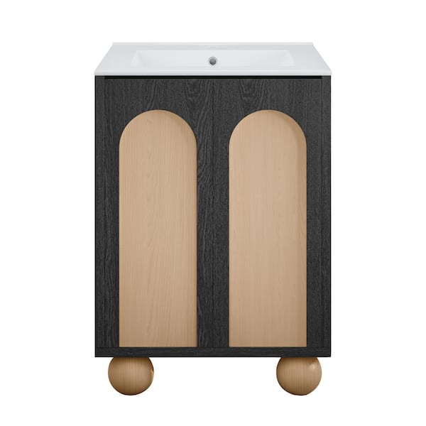 Swiss Madison Plaisir II 24 in. Freestanding Bathroom Vanity in Black Oak with White Ceramic 3-Hole Center Set Sink Top