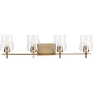 Calais 34 in. 4-Light Satin Brass Vanity Light with Clear Glass Shades New Traditional for Bath and Vanity