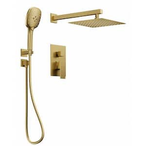 3-Spray 10 in. Wall Mount Dual Shower Heads Fixed and Handheld Shower Head in Brushed Gold (Valve Included)
