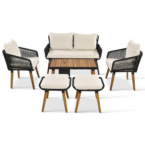 Unbranded 6-Piece Wood Outdoor Sectional,Deep Seat Conversation Set with Cool Bar Table,Ice Bucket,Two Stools and Beige Cushions