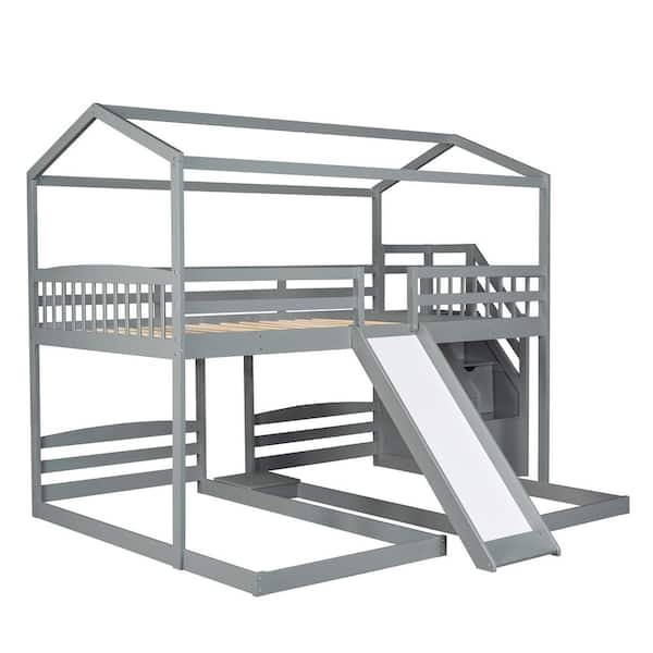 Clihome Full over Twin and Twin Gray Bunk Bed with Slide and Staircase in Chimney Design