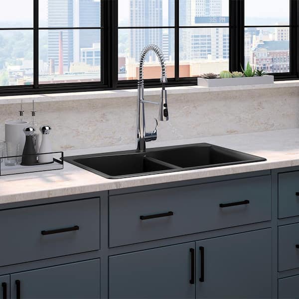 Kennon Drop-In Neoroc Granite Composite 33 in. Double Bowl Kitchen Sink with Simplice Faucet