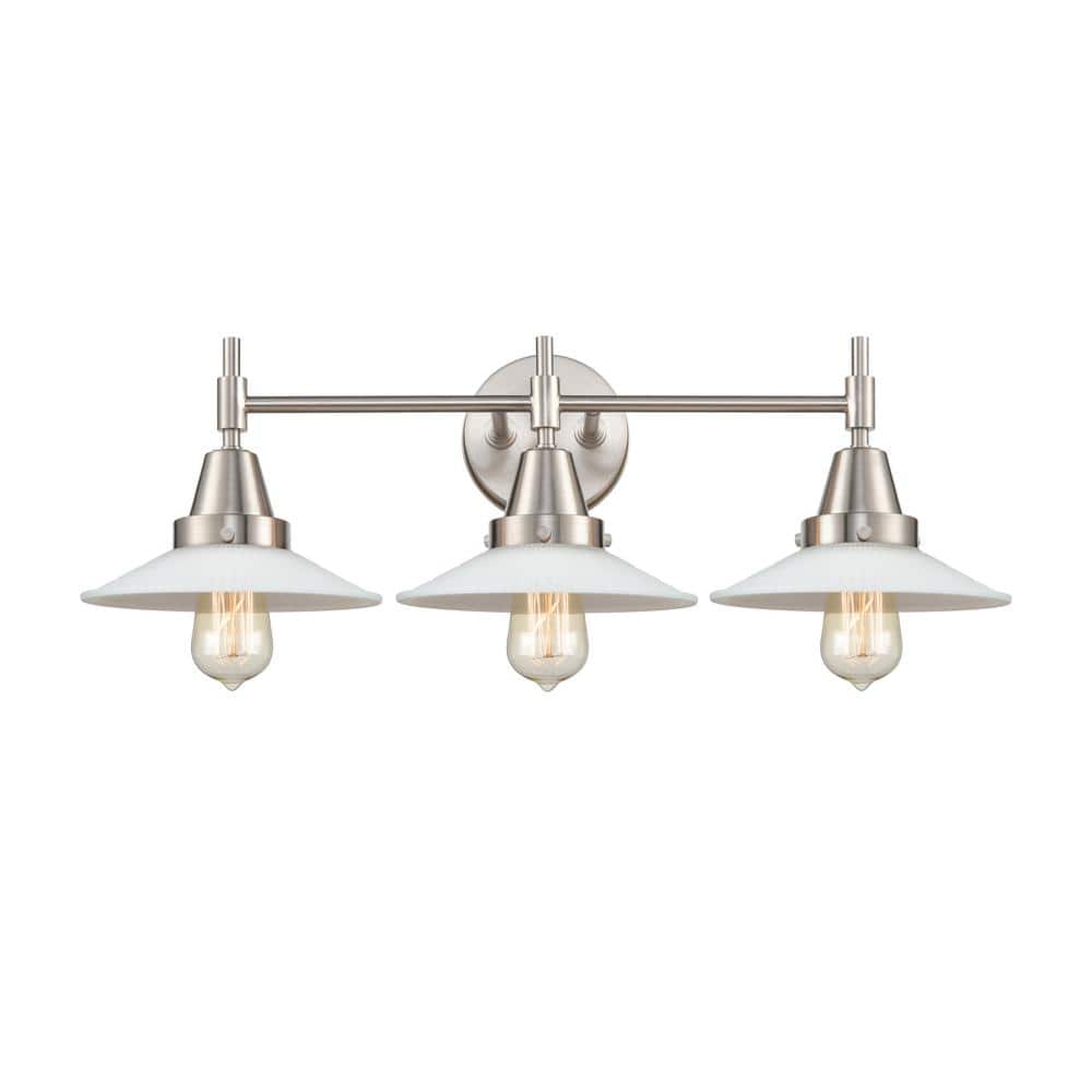 Halophane 27 in. 3-Light Satin Nickel, Matte White Halophane Vanity Light with White Glass Shade price history on PriceWatchPro