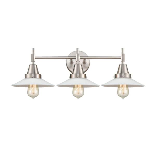 Innovations Halophane 27 in. 3-Light Satin Nickel, Matte White Halophane Vanity Light with White Glass Shade