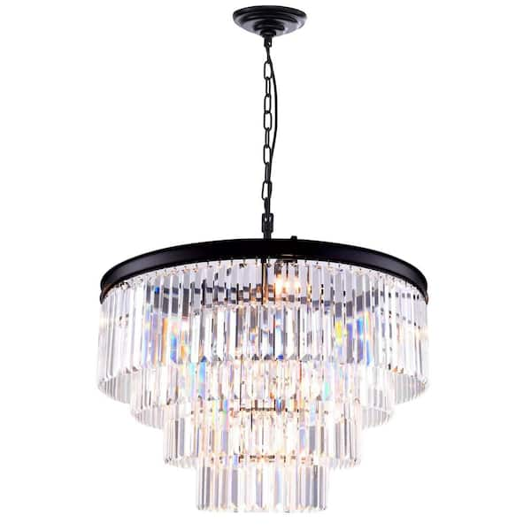 23.6 in. W. 9-Light Matt Black Unique/Statement Tiered Chandelier 4-Tier Pendant Ceiling Light with K19 Crystal