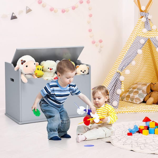 Kids Toy Box Wooden Flip-top Storage Chest Bench with Cushion Safety Hinge