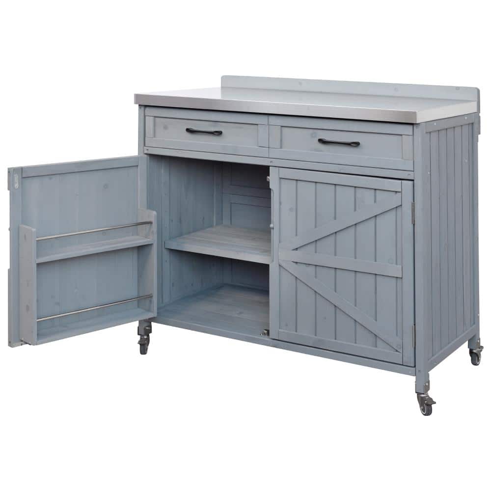 39.4 in. Outdoor Kitchen Island, Gray Blue Solid Wood Grill Cart with Stainless Steel Top