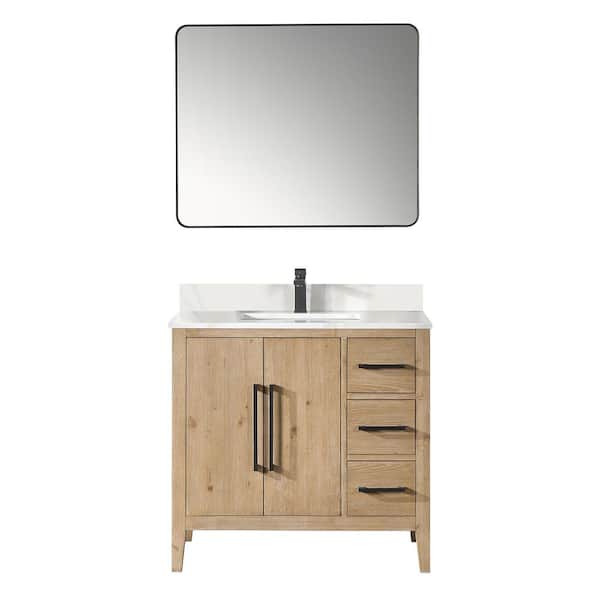 Altair Laurel 36 in. W x 22 in. D x 34 in. H Single Sink Bath Vanity in Weathered Fir with White Quartz Top and Mirror