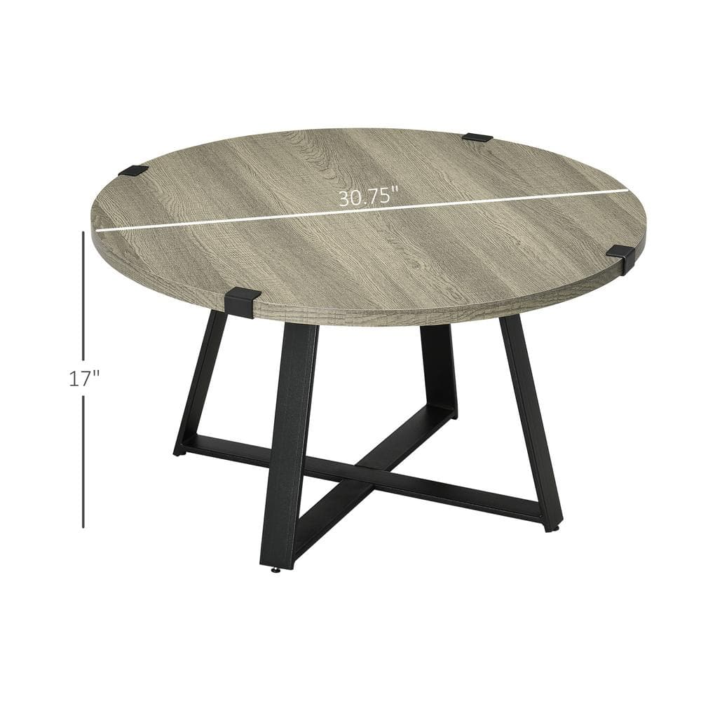Round Light Gray Wood and Metal Coffee Table