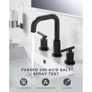 8 in. Widespread Double Handle High Arc Bathroom Faucet with Drain Kit in Matte Black