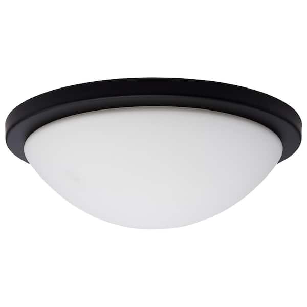 SATCO Button 13.38 in. Matte Black Contemporary Flush Mount with Frosted Glass Shade and Integrated LED Included