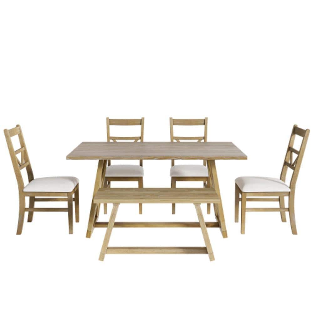 Natural 6-Piece Wood Table Cross-Legged Frame Long Bench and Upholstered Ch