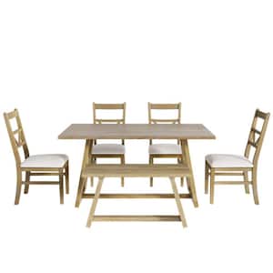 Natural 6-Piece Wood Table Cross-Legged Frame Long Bench and Upholstered Chairs Outdoor Dining Set with Beige Cushion