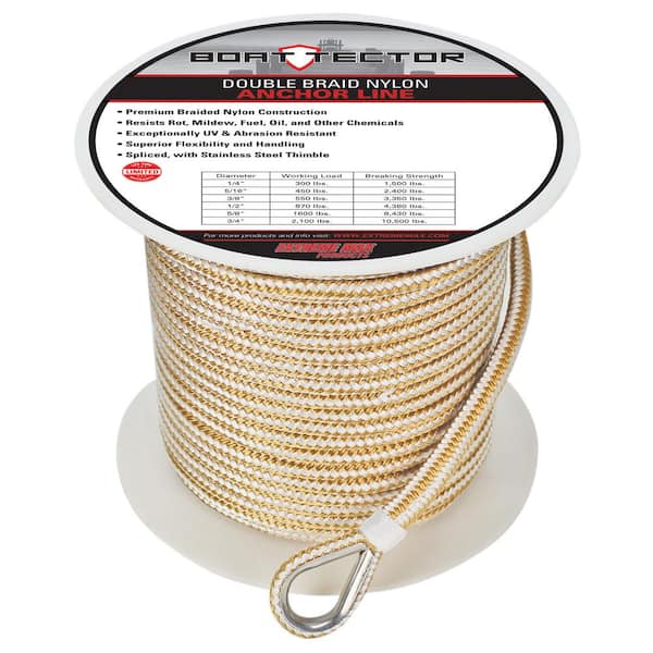 Extreme Max 3006.2252 BoatTector 3/8 D x 250' L White/Gold Nylon Double Braid Anchor Line with Thimble