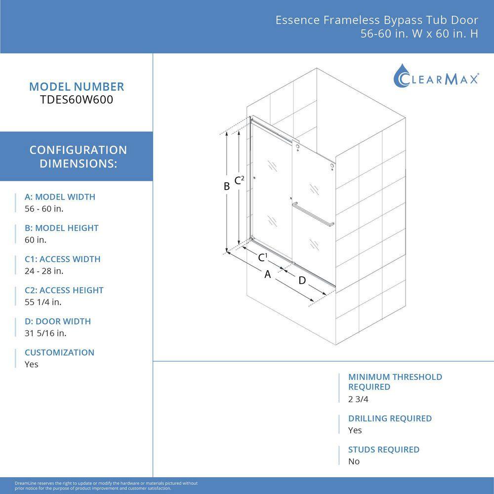 Essence 60" Frameless Black Tub Door with ClearMax Technology