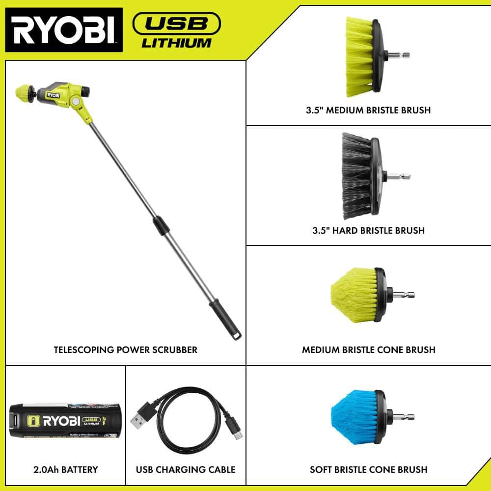 RYOBI USB Lithium Telescoping Power Scrubber Kit with 2Ah Battery, Charging Cable, and Hex Shank Accessories (4-Pieces) FVG53K