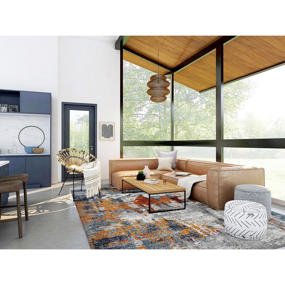 Blue and Orange Rectangular Stain-Resistant Synthetic Area Rug