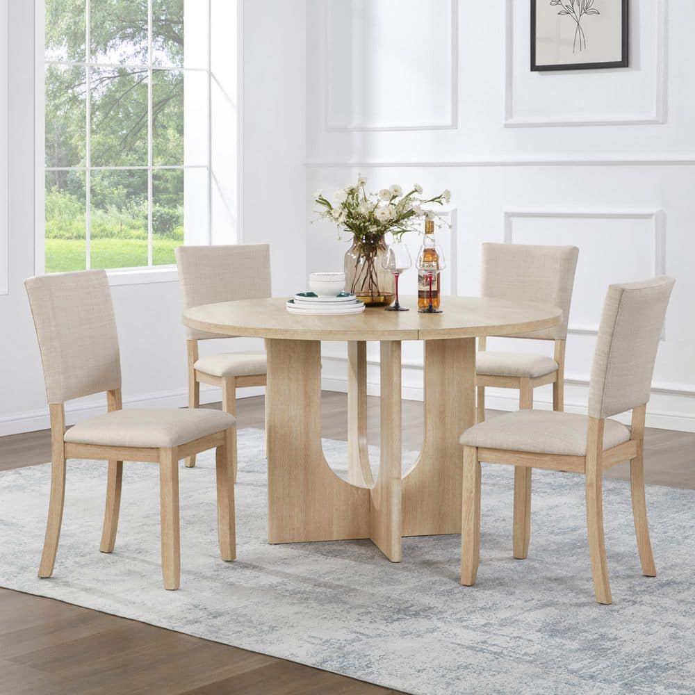 Jessara Modern 5-Piece Round Wood Top Dining Table Set with Upholstered Chairs, Light Oak + Beige, Seats 4