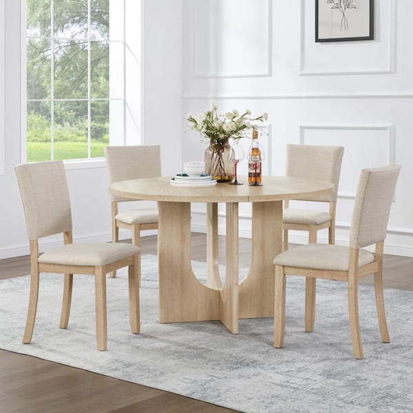 Jessara Modern 5-Piece Round Wood Top Dining Table Set with Upholstered Chairs, Light Oak  Plus  Beige, Seats 4