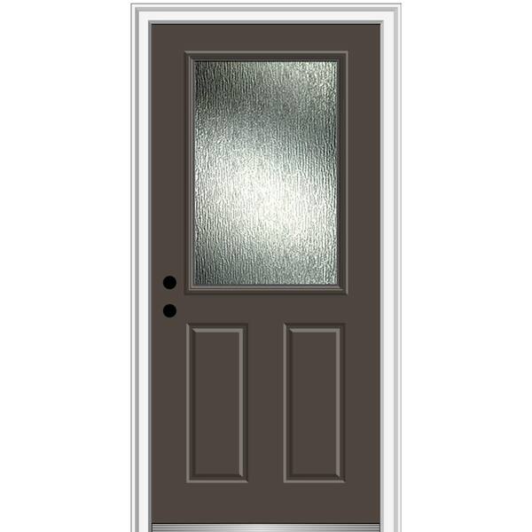 MMI Door Rain Glass 32 in. x 80 in. Right-Hand Inswing 1/2 Lite 2-Panel Painted Brown Prehung Front Door on 4-9/16 in. Frame