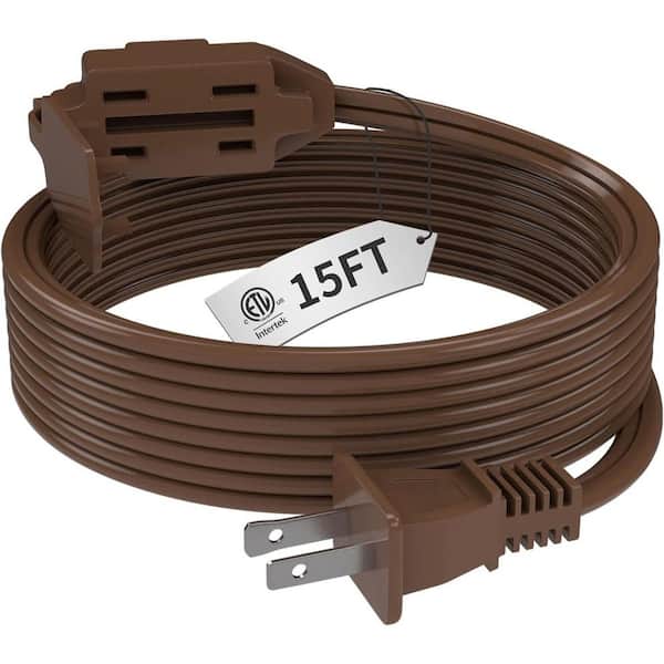 Lukyamzn 15Ft. 16/2 Heavy Duty Indoor Extension Cord with 2 Prong, 3 Polarized Outlets Safety Cap Protect for Home Office, Brown