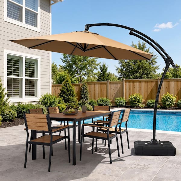10ft outdoor patio sun shade umbrella hanging offset Cesicia 10 ft. Steel Outdoor 8-Rib Offset Hanging Market Patio Umbrella in  Orange with Easy Tilt Adjustment (Base Not Included) HAFKOK32