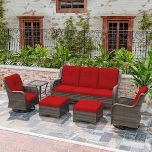 6-Piece Wicker Outdoor Sectional Sofa Set Patio Conversation with Red Cushions