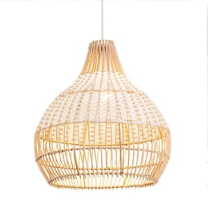 1-Light White Hand-Woven Rattan Bohemian Chandelier for Dining Living Bedroom Kitchen Farmhouse no bulbs included