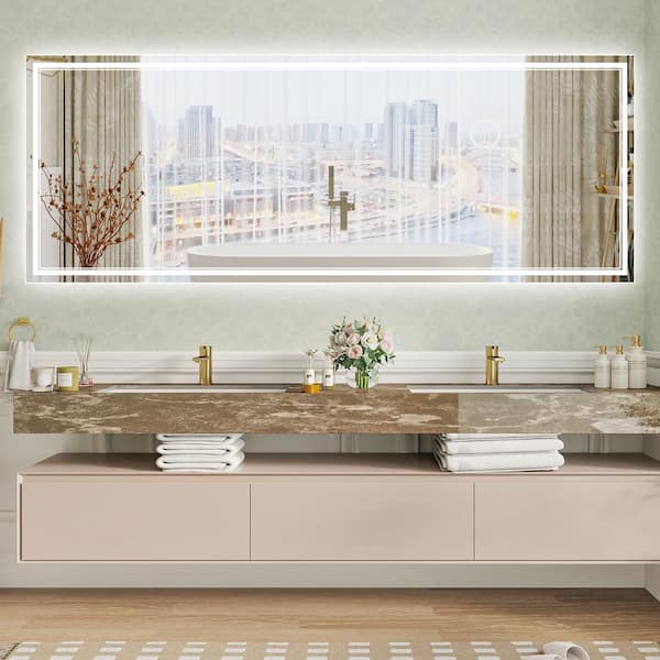 ANGELES HOME 96 in. W x 36 in. H Rectangular Frameless Anti-Fog Backlit Front Lighted Wall LED Bathroom Vanity Mirror, Tempered Glass