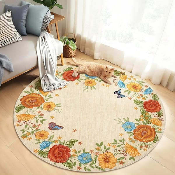 Wavy Edge Decorative Machine Washable Vintage Floral Printed Carpet for Bedroom Apartment Yellow 4 ft. x 4 ft. Area Rug