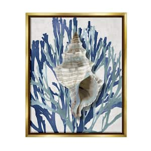 Tower Shell Coral Blue Beach Design by Caroline Kelly Floater Frame Nature Wall Art Print 31 in. x 25 in.