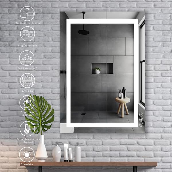 UPIKER 24 in. W x 32 in. H Large Rectangular Frameless Anti-Fog Wall Mount Bathroom Vanity Mirror in Silver