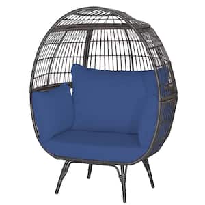 Patio Oversized Rattan Wicker Egg Chair Outdoor Lounge Chair with Navy Cushions Indoor and Outdoor