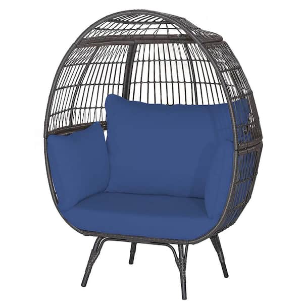 Patio Oversized Rattan Wicker Egg Chair Outdoor Lounge Chair with Navy Cushions Indoor and Outdoor